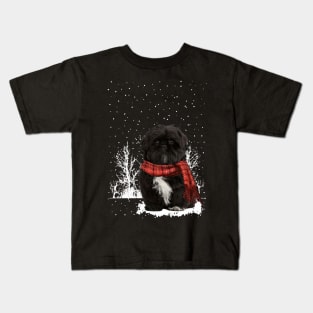 Christmas Black Shih Tzu With Scarf In Winter Forest Kids T-Shirt